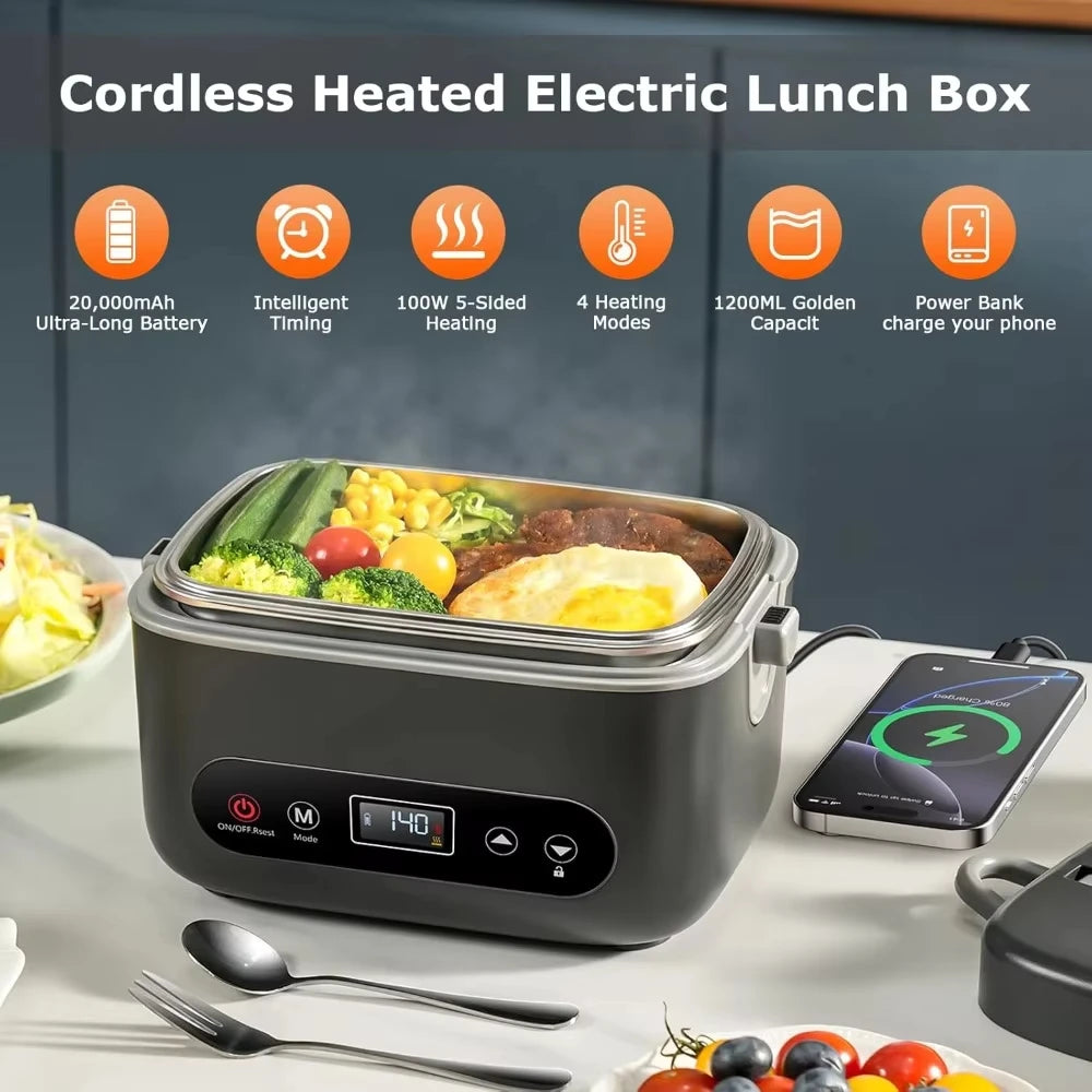 Rechargeable Heated Lunch Box for Office Workers with Separated Inner Tank and Insulated Portable Water-Free Electric Heatingbox
