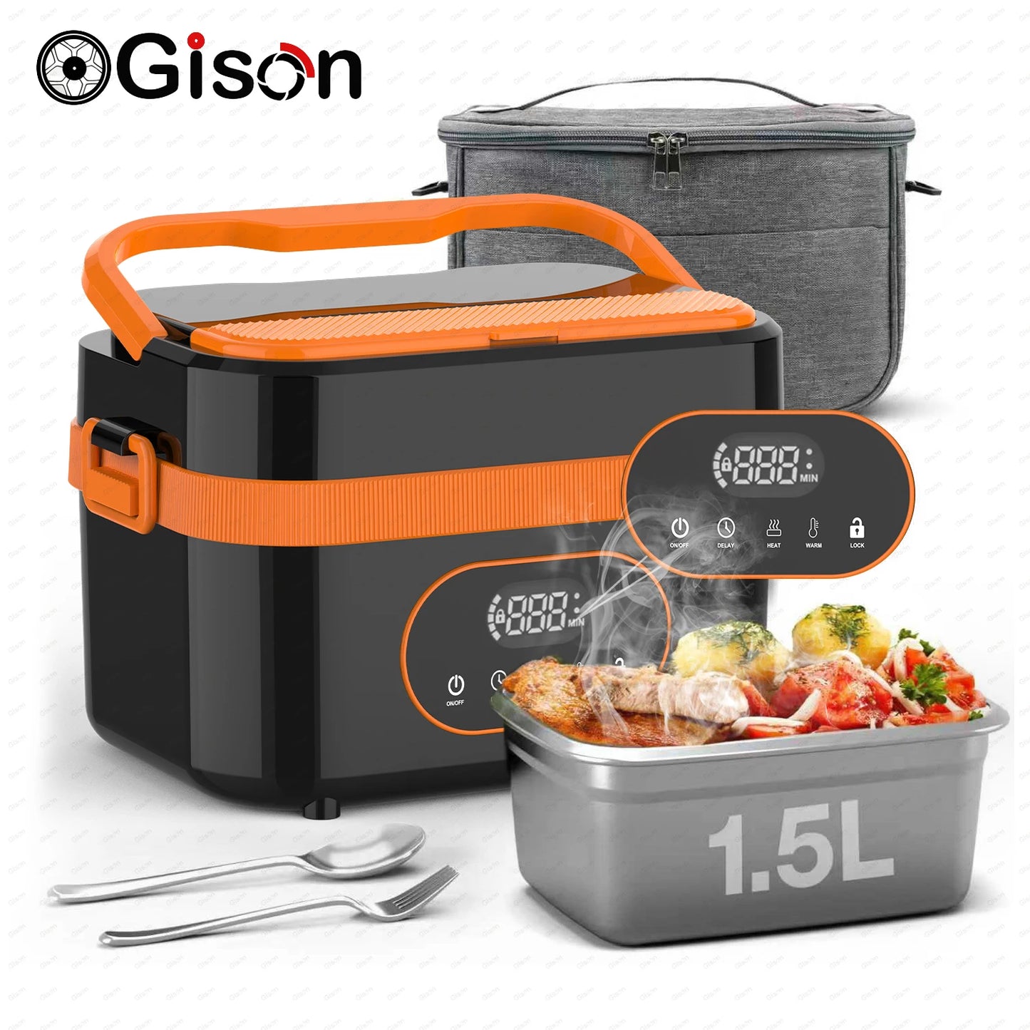 Gison 1.5L Portable Wireless Heated Lunch Box 18000Mah Electric Heated Lunch Box LED Display 60W Food Warmer for Work Travel Car