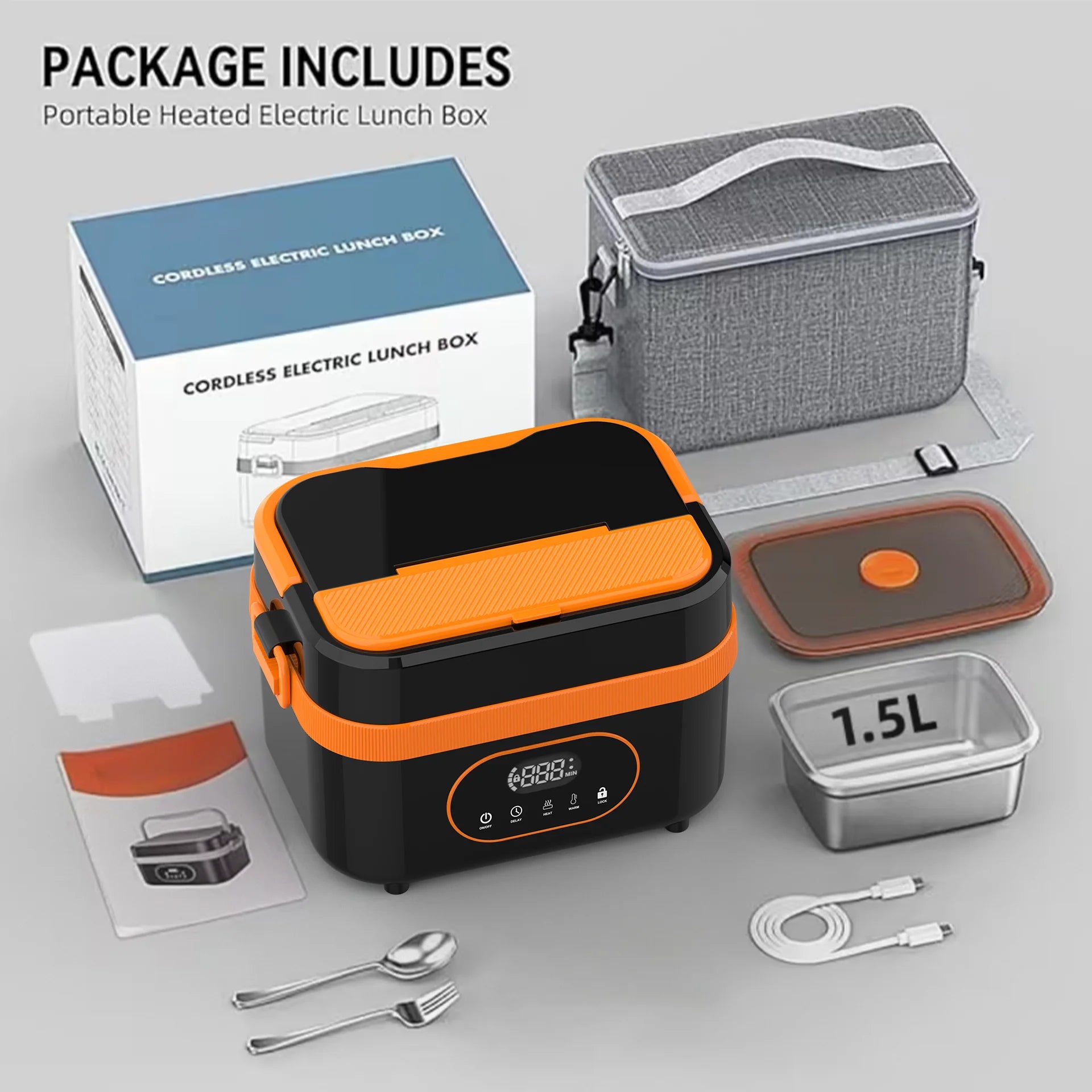 Gison 1.5L Portable Wireless Heated Lunch Box 18000Mah Electric Heated Lunch Box LED Display 60W Food Warmer for Work Travel Car
