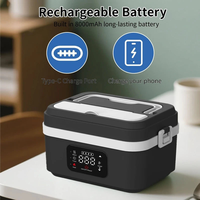 Rechargeable Waterless Electric Lunch Box Portable Heating Food Container Car Steamer Cooker Outdoor Travel Meal Prep