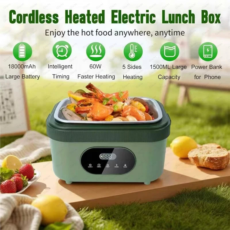 Gison 1.5L Portable Wireless Heated Lunch Box 18000Mah Electric Heated Lunch Box LED Display 60W Food Warmer for Work Travel Car